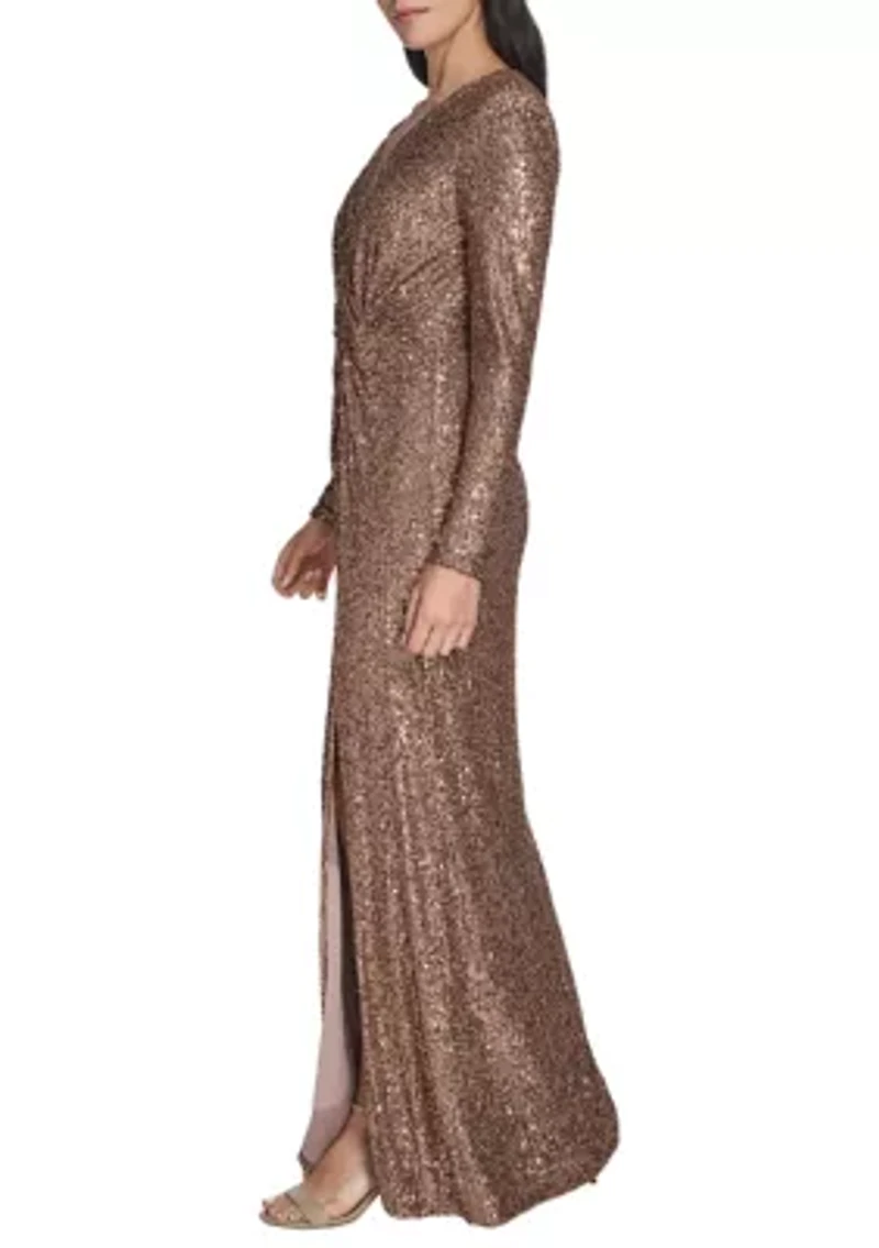 Women's Long Sleeve V-Neck Solid Sequin Slim Gown
