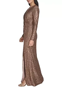 Women's Long Sleeve V-Neck Solid Sequin Slim Gown