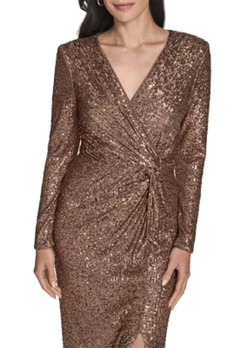 Women's Long Sleeve V-Neck Solid Sequin Slim Gown