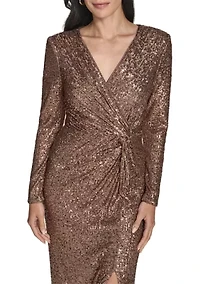 Women's Long Sleeve V-Neck Solid Sequin Slim Gown