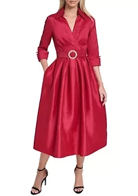 Women's 3/4 Sleeve V-Neck Solid Satin A-Line Dress