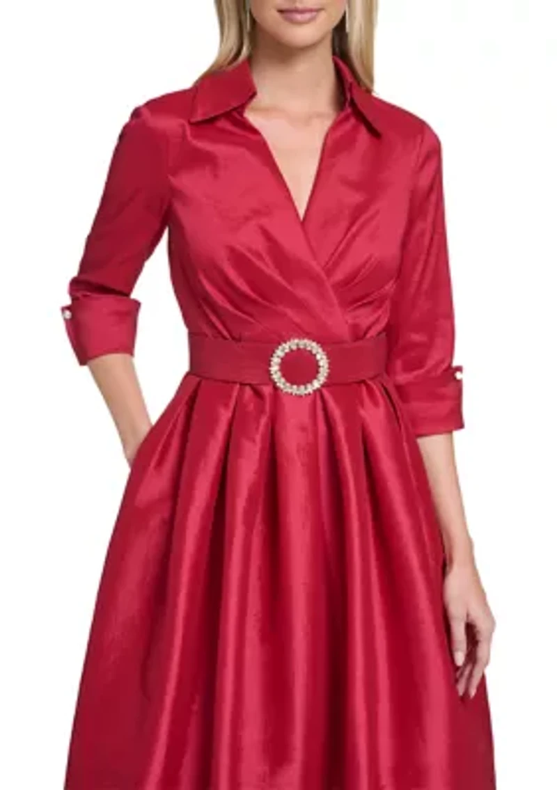 Women's 3/4 Sleeve V-Neck Solid Satin A-Line Dress