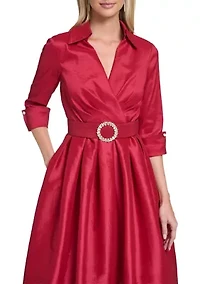 Women's 3/4 Sleeve V-Neck Solid Satin A-Line Dress