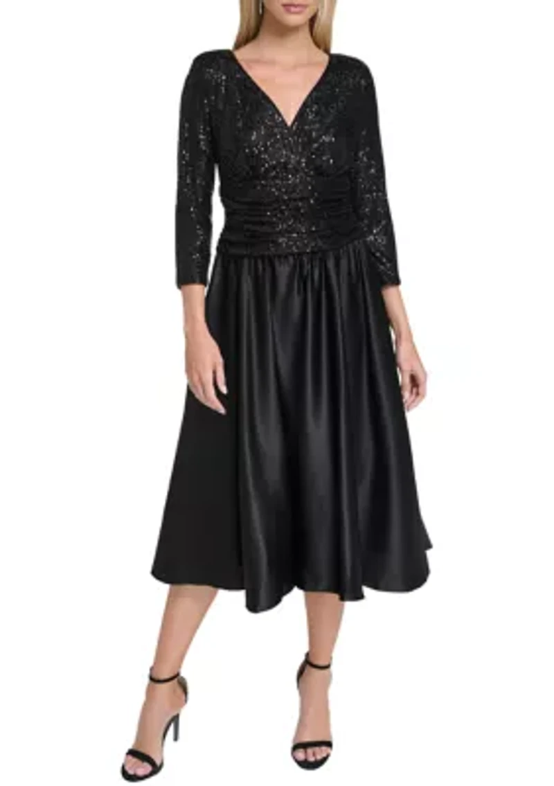 Women’s 3/4 Sleeve V-Neck Solid Satin A-Line Dress