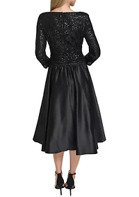 Women’s 3/4 Sleeve V-Neck Solid Satin A-Line Dress