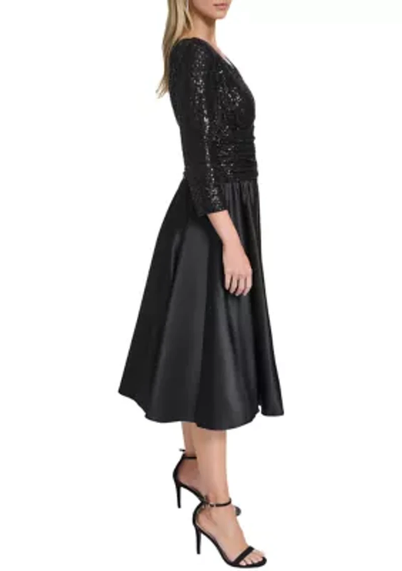 Women’s 3/4 Sleeve V-Neck Solid Satin A-Line Dress