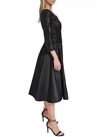 Women’s 3/4 Sleeve V-Neck Solid Satin A-Line Dress