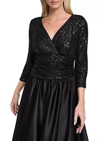 Women’s 3/4 Sleeve V-Neck Solid Satin A-Line Dress