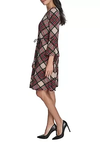 Women's 3/4 Sleeve Crew Neck Plaid Hacci Fit-and-Flare Dress