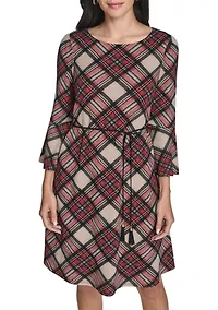 Women's 3/4 Sleeve Crew Neck Plaid Hacci Fit-and-Flare Dress