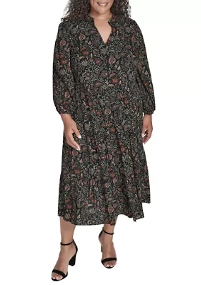 Plus Notch Ruffle Collar Tiered Midi Dress