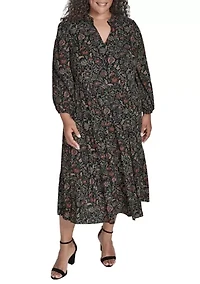 Plus Notch Ruffle Collar Tiered Midi Dress