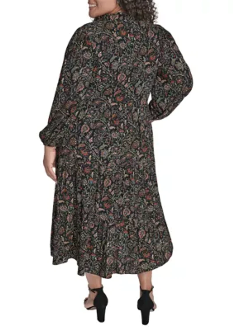 Plus Notch Ruffle Collar Tiered Midi Dress