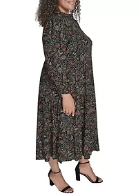 Plus Notch Ruffle Collar Tiered Midi Dress