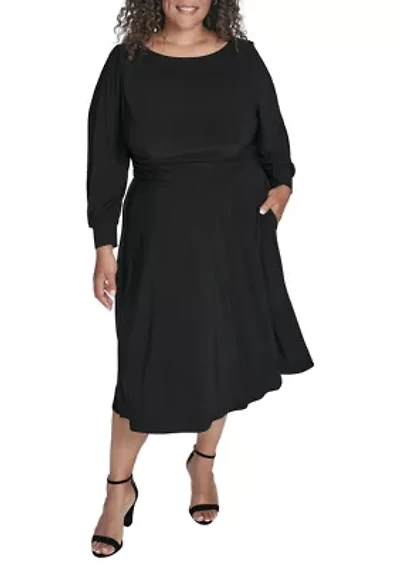 Plus Button Cuff Sleeve Ruched Waist Midi Dress