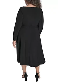 Plus Button Cuff Sleeve Ruched Waist Midi Dress