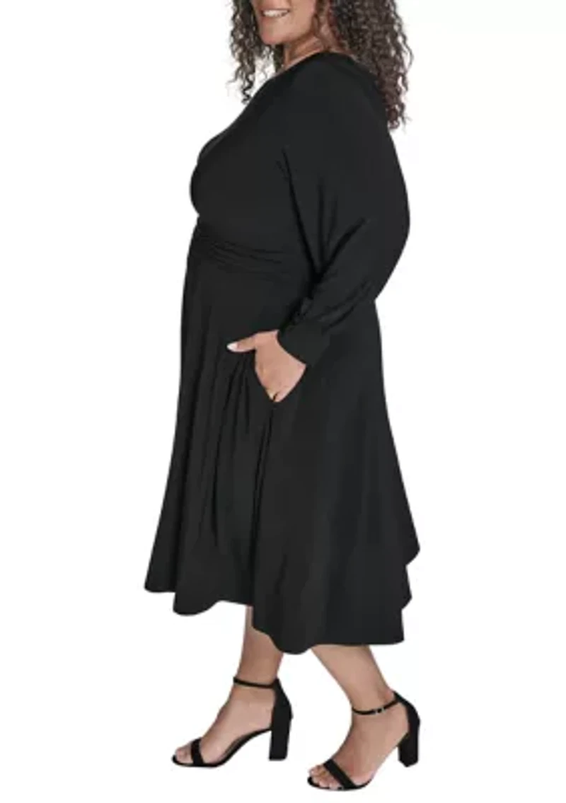 Plus Button Cuff Sleeve Ruched Waist Midi Dress