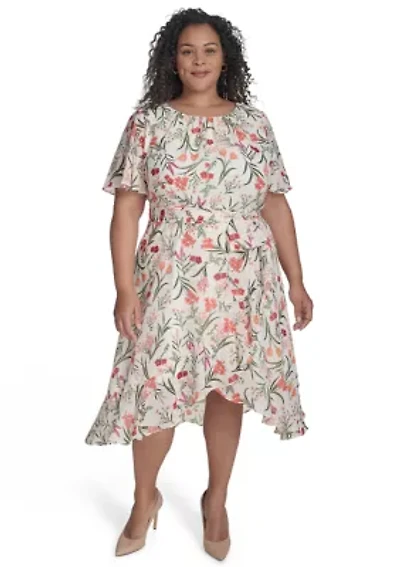 Plus Crew Neck Floral Print Dress