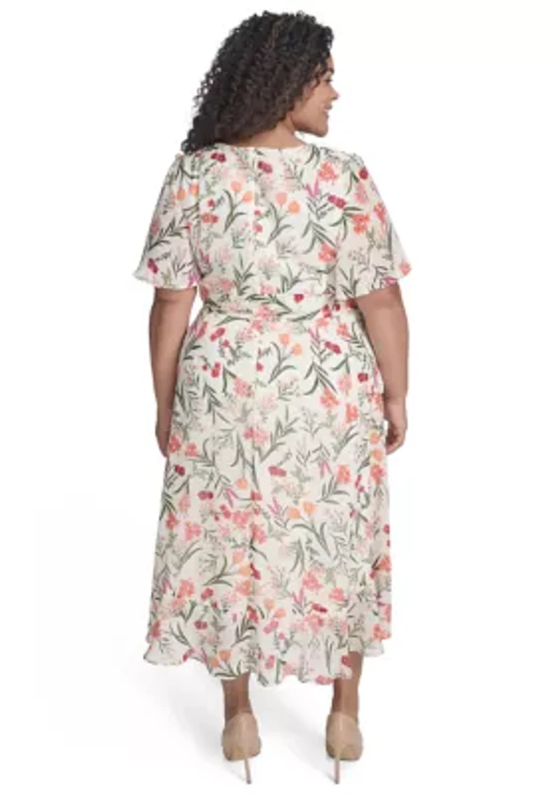 Plus Crew Neck Floral Print Dress