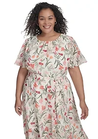 Plus Crew Neck Floral Print Dress