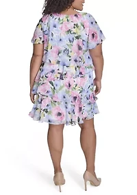 Plus Flutter Sleeve Floral Print Dress