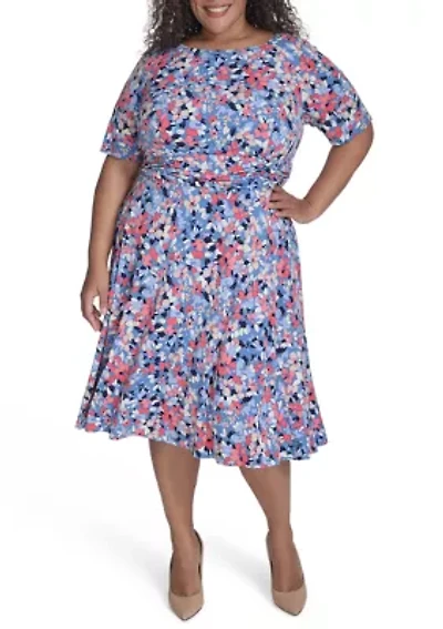 Plus Short Sleeve Floral Print Dress
