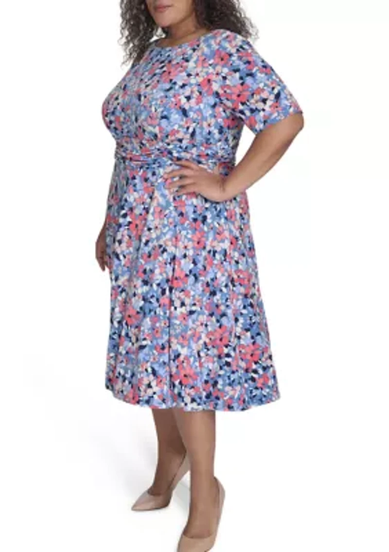 Plus Short Sleeve Floral Print Dress