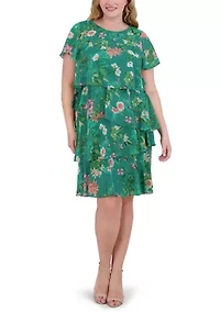 Plus Short Sleeve Crew Neck Floral Print Dress