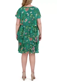Plus Short Sleeve Crew Neck Floral Print Dress