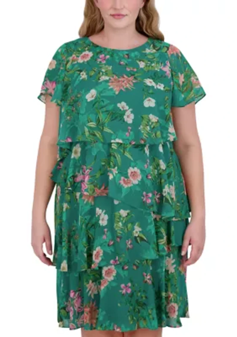 Plus Short Sleeve Crew Neck Floral Print Dress