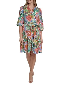 Women's Three-Quarter Puff Sleeves Tie Waist Mini Dress