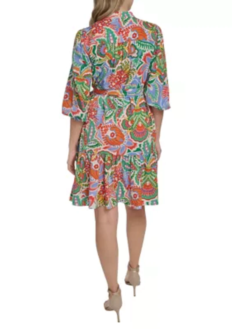 Women's Three-Quarter Puff Sleeves Tie Waist Mini Dress