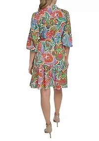 Women's Three-Quarter Puff Sleeves Tie Waist Mini Dress