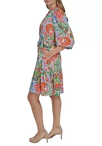 Women's Three-Quarter Puff Sleeves Tie Waist Mini Dress