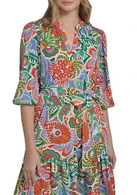 Women's Three-Quarter Puff Sleeves Tie Waist Mini Dress