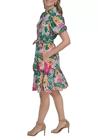Women's Short Sleeve Tie Waist Mini Dress