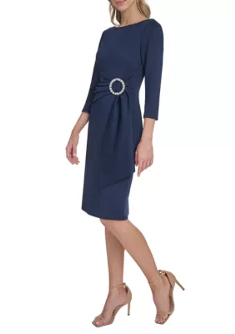 Women's 3/4 Sleeve Scuba Dress with Rhinestone Hardware