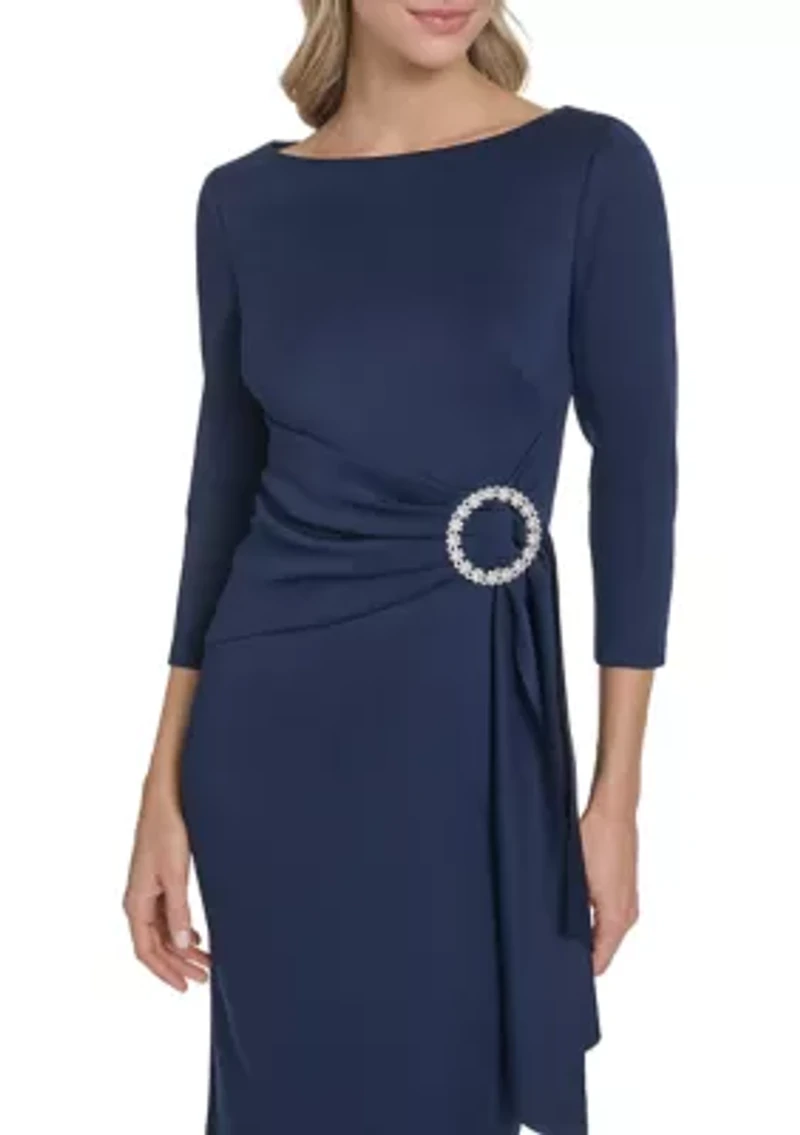 Women's 3/4 Sleeve Scuba Dress with Rhinestone Hardware
