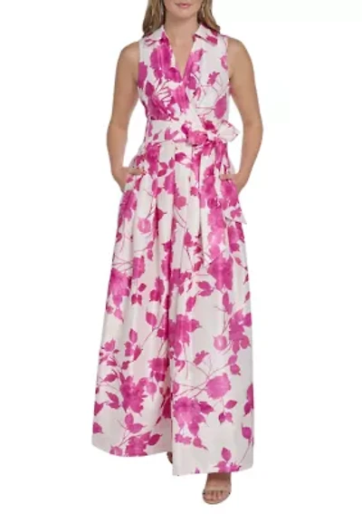 Women's Sleeveless Floral Printed Tie Waist Gown