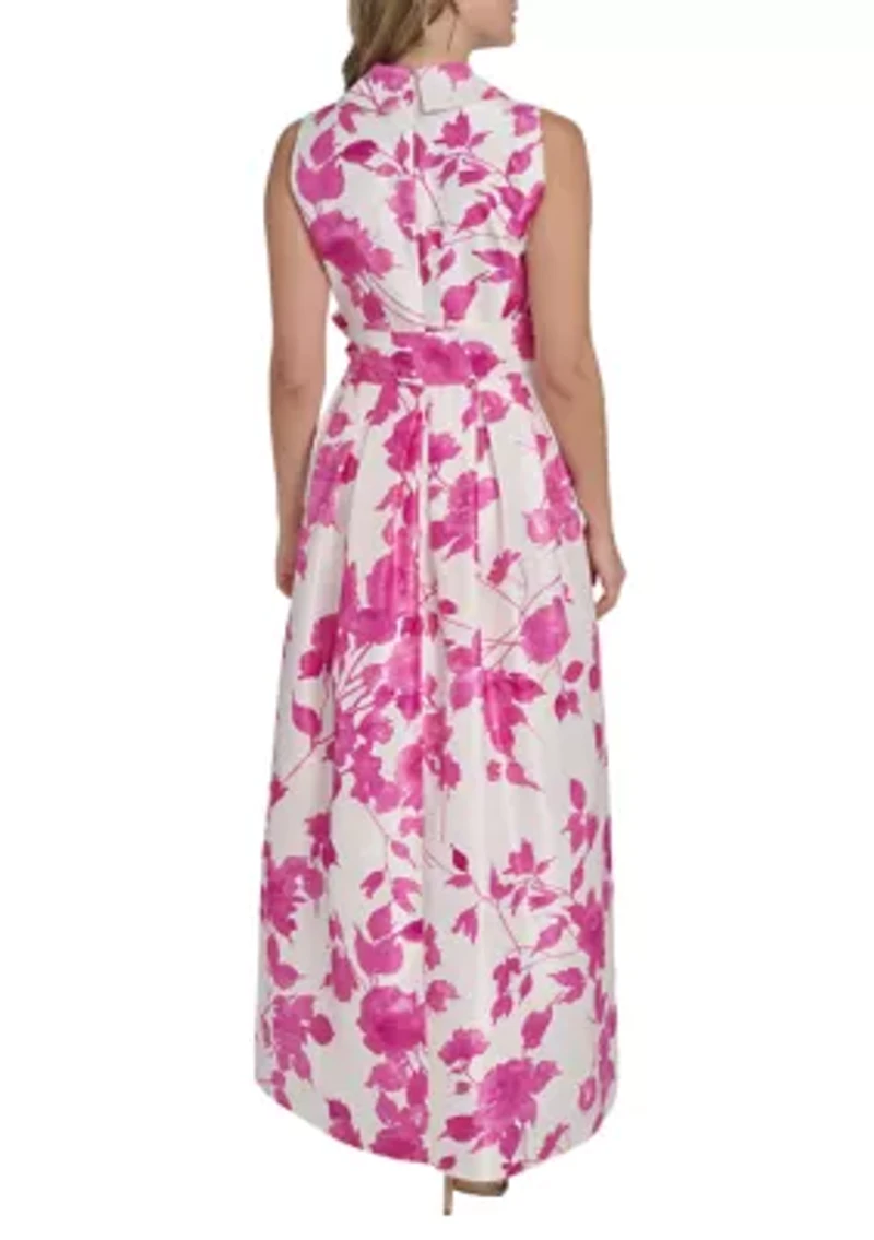 Women's Sleeveless Floral Printed Tie Waist Gown