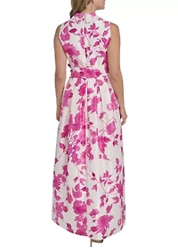 Women's Sleeveless Floral Printed Tie Waist Gown