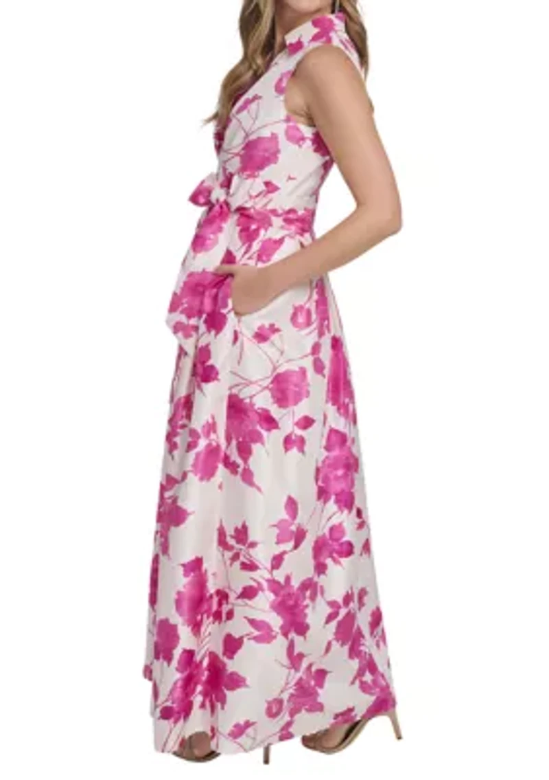 Women's Sleeveless Floral Printed Tie Waist Gown