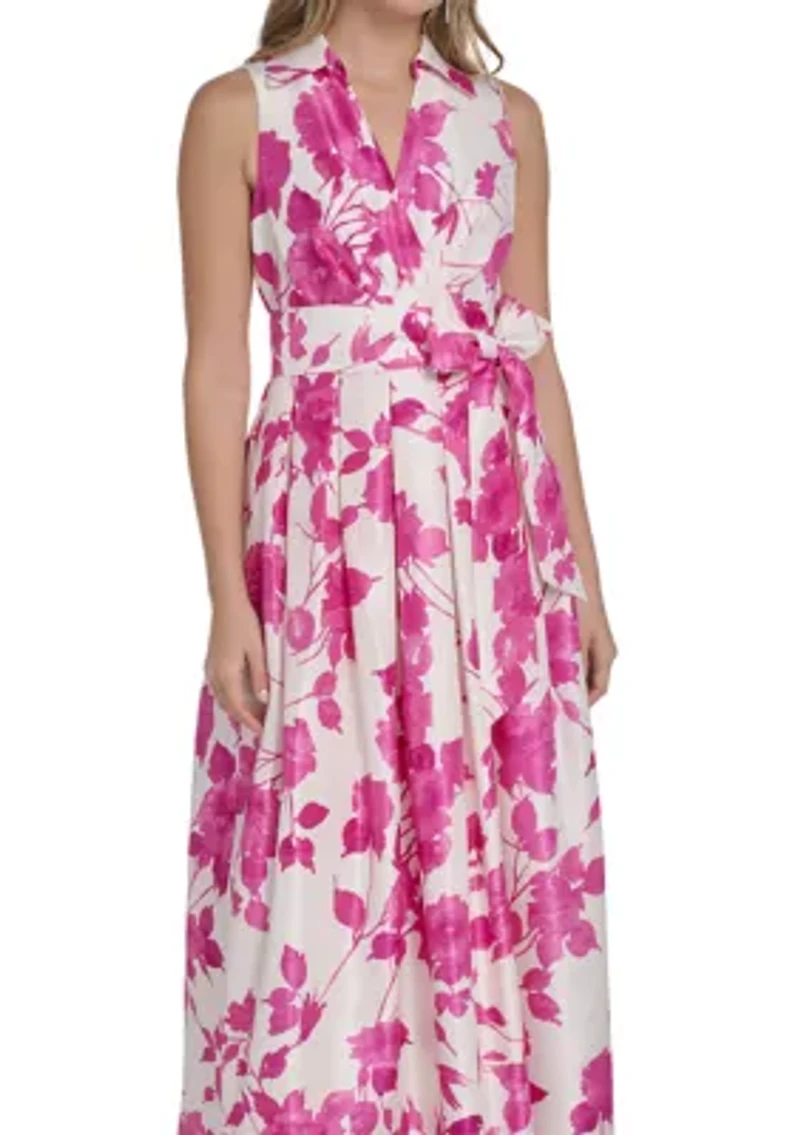 Women's Sleeveless Floral Printed Tie Waist Gown
