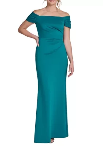 Women's Off Shoulder Scuba Ruched Sleeveless Gown