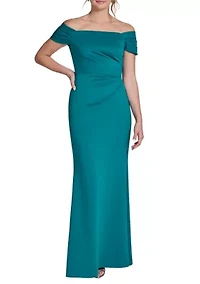 Women's Off Shoulder Scuba Ruched Sleeveless Gown