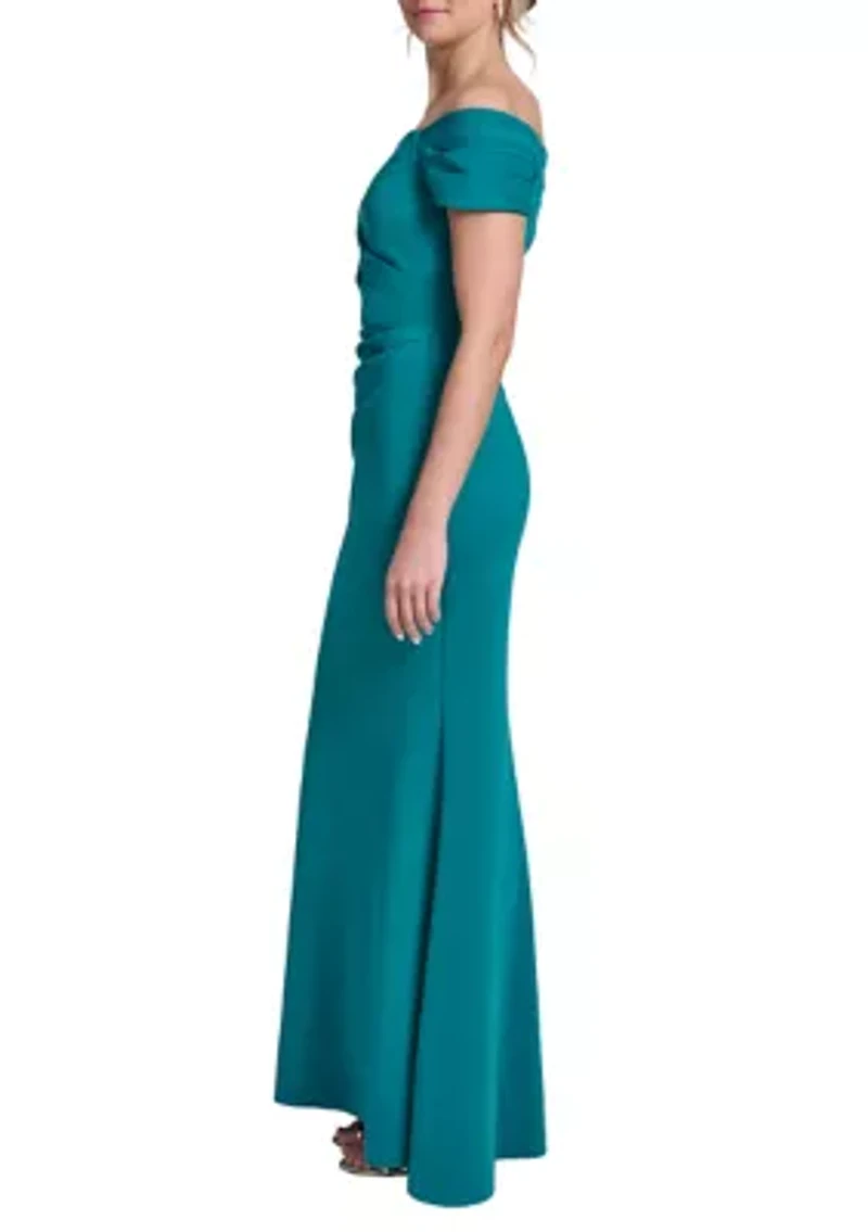 Women's Off Shoulder Scuba Ruched Sleeveless Gown