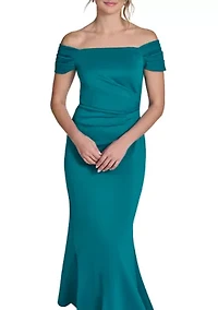 Women's Off Shoulder Scuba Ruched Sleeveless Gown