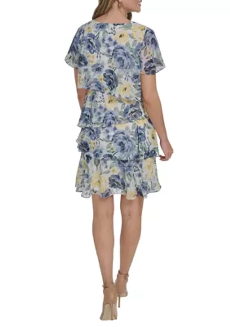 Women's Short Sleeve Ruffle Floral Mini Dress