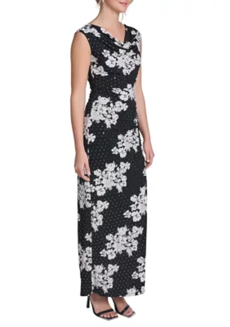 Women's Sleeveless Cowl Printed Jersey Long Dress