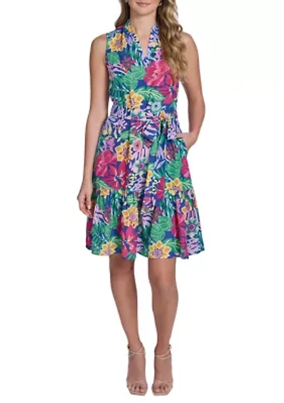 Women's Sleeveless Floral Printed Shirtdress